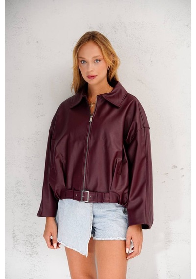 Jesse Story Kadın Deri Ceket Relax Fit Suni Deri Ceket Bordo Bordo