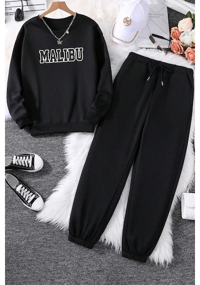 Uyguntarz Unisex Malibu Baskılı Bisiklet Yaka Sweatshirt - 2'li Eşofman Takımı Siyah