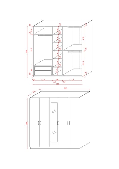 Asra Trend 5 Kapaklı Gardırop G-04 %100 MDF 2 Çekmeceli Aynalı Elbise Dolabı Petra