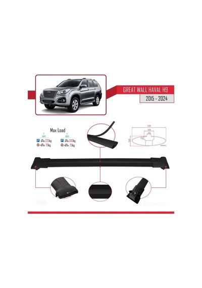Great Wall Haval H9 2015 Ve Sonrası İle Uyumlu Fly Model Ara Atkı Tavan Barı Siyah 3 Adet Bar