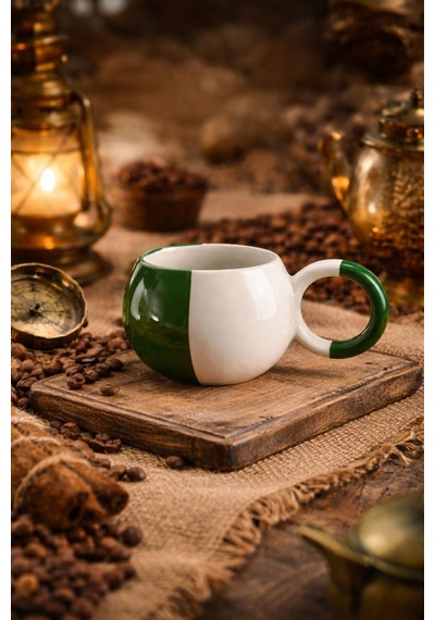 Mug Yeşil Beyaz Yatay Double Türk Kahvesi Seramik Kupa Fincan Bardak