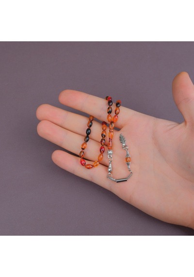 Ateş Kehribar Beyzi Kesim Bilek Boy 5x8mm Tesbih Alpaka Püsküllü Sarı Kırmızı