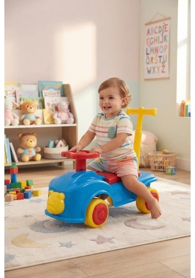 İlk Yarış Arabam 10 - 15 Kg Taşıma Kapasiteli Dayanıklı Binişli Ayıcık Süslemeli Oyuncak Araba Çok Renkli