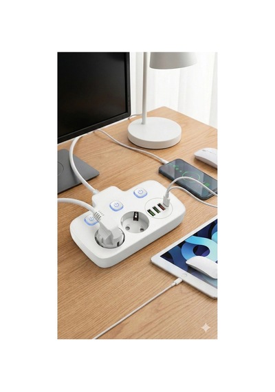 Akım Korumalı 2500w Güçlü 3 Usb + Type-c Portlu Çoklu Priz Hızlı Şarj, Çocuk Kilidi, 2 Metre 0 - 2 M