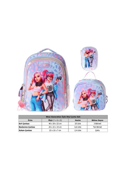 Wow Generation Üçlü İlkokul Okul Çanta Seti - Mavi - Pembe - Cool Desenli - Kız Çocuk - Setwg-w6039a Çok Renkli