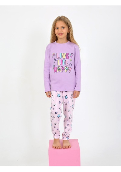 Kız Çocuk Uzun Kollu %100 Pamuklu Pijama Takımı Happy Life Lila
