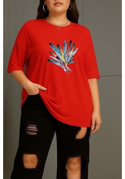 Benroma Büyük Beden Renkli Kuş Tüyü Baskılı Unisex Tişört Kırmızı Bordo