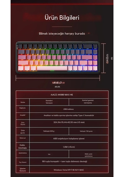 Ak680 Max Rapid Trigger Manyetik Switch Kablolu Mekanik Klavye Rgb 0.125 Ms Ultra Düşük Gecikme