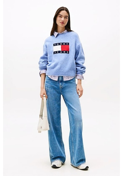 Tommy Hilfiger Kadın Relaxed Fit Grafik Logolu Triko Kazak - Mavi Vintage Iris Htr