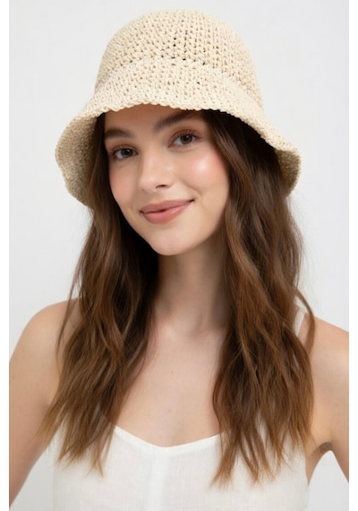 Mollycrush Kadın Bej Yazlık Örgü Bucket Şapka Güneş Koruyucu Trend Kova Model Hasır Bej