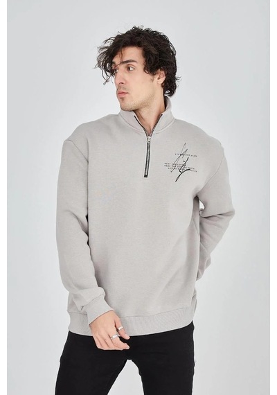 Erkek Yarım Fermuarlı Baskılı 3 İplik Pamuklu Sweatshirt - Boyalı Gri Gri