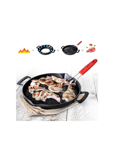 Lava Döküm Yuvarlak Grill Izgara Tavası Çap Ø 32cm. Genghis Khan Serisi Çift Kulp Ve Silikon Tel Saplı Siyah Lava Döküm Yuvarlak Grill Izgara Tavası Çap Ø 32cm. Genghis Khan Serisi Çift Kulp Ve Silikon Tel Saplı Siyah