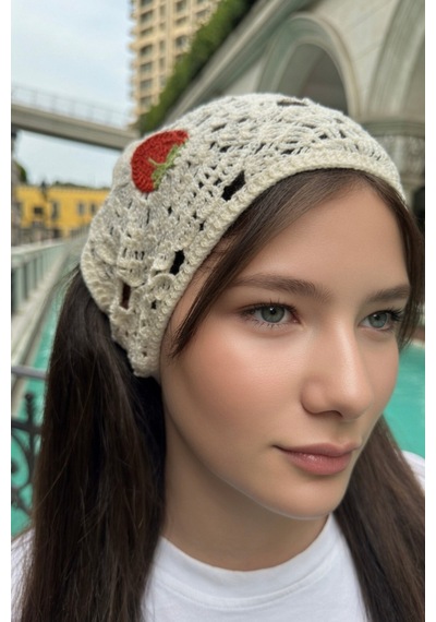 Kadın Yazlık Çilek Nakışlı Örgü Bandana Günlük Bohem Saç Aksesuarı Ekru