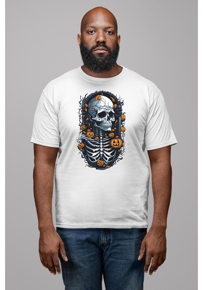 Cadılar Bayramı Kuru Kafa Unisex Unisex Beyaz Organik Baskılı T-shirt Penye Yüksek Kalite Beyaz