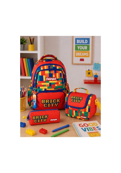 Erkek Çocuk Ortopedik İlkokul Ve Ortaokul Okul Çantası Beslenme Kalemlik 3'lü Set Turuncu-lego