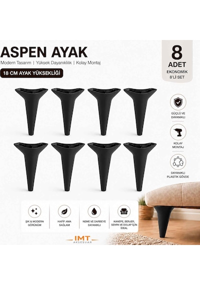 Aspen 18 Cm Siyah 8'li Set Koltuk Baza Dolap Tv Ünitesi Yatak Odası Konsol Ayağı Siyah