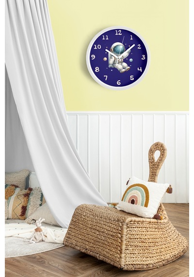 Astronot Tasarımlı Modern Çocuk Odası Duvar Saati - 25cm - Önü Camlı Beyaz Kasa - Sessiz Mekanizma-jh0991 Beyaz