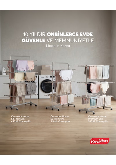Home S3 Premium 3 Katlı Çamaşırlık Made in Korea Tam Katlanır Tekerlekli Çamaşır Kurutmalık