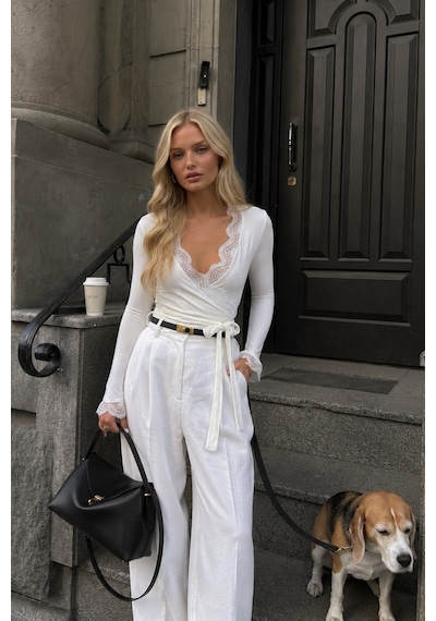 Black Fashion Kruvaze Bağlamalı Dantelli Beyaz Bluz