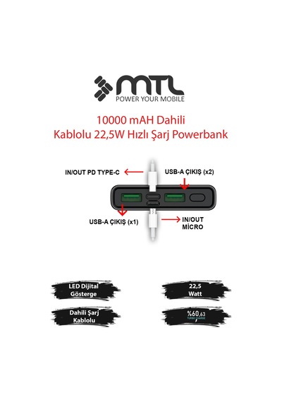 10000 Mah 22.5w Turbo Şarj Dahili Kablolu Led Göstergeli Pd Ve Qc 3.0 Powerbank Mt4510 Siyah