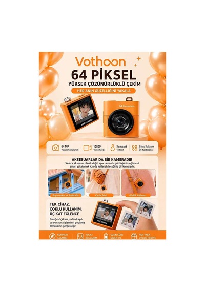 Mini Dijital Kamera 64mp 16x Digital Zoom Retro Vintage 1.4 Ekranlı Video Kamera Taşınabilir Tasarı Turuncu