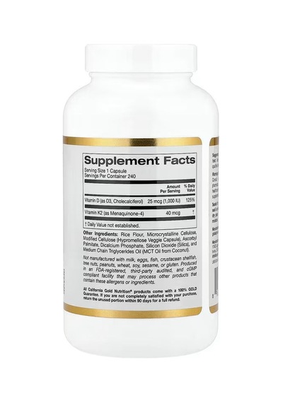 California Gold Nutrition, Vitamin D3 + K2, 240 Veggie Capsules