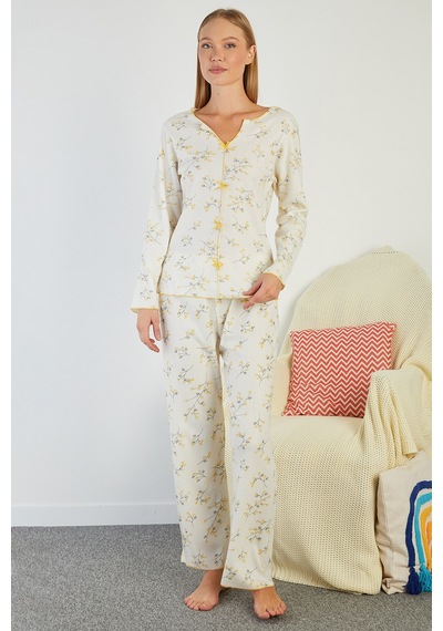 Fullamoda Çiçek Desenli V Yaka Pijama Takımı Sarı