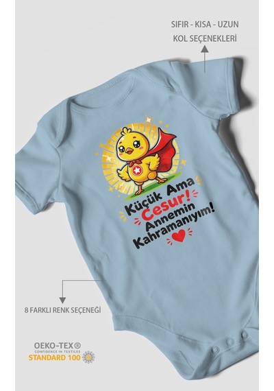 Morivokids Küçük Ama Cesur Annemin Kahramanıyım Kısa Kollu Bebek Body %100 Pamuk Bebe Mavisi