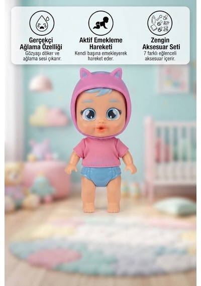 Cry Babies Sevimli Başlıklı Gerçekçi Ağlama Emekleme Özellikli 7 Adet Aksesuarlı 9 Cm Oyuncak Bebek