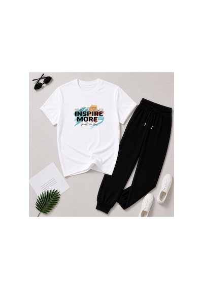 Herkesemoda İnspıre More Baskı Detaylı T-shirt Eşofman Takımı Beyaz