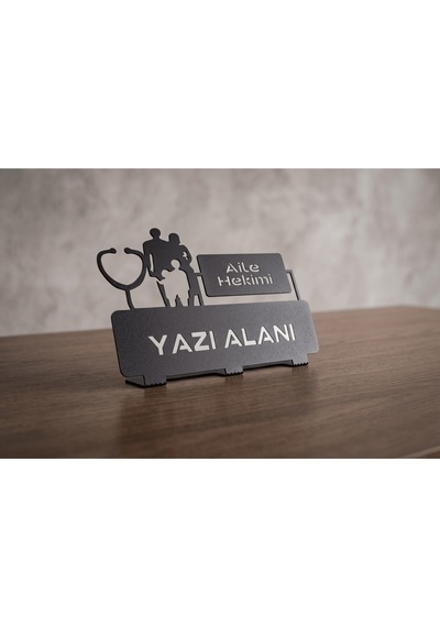 Kişiye Özel Hediyelik Aile Hekimi Doktor Sağlık Çalışanları Tasarımlı Metal Masaüstü İsimlik Siyah