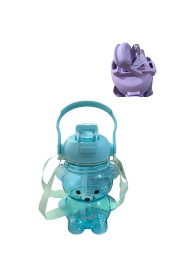 Smile Ayıcıklı Turkuaz Renk Matara 1000 Ml Askılı Pipetli Bottle Su Şişesi Suluk Bpa İçermez Turkuaz Diğer