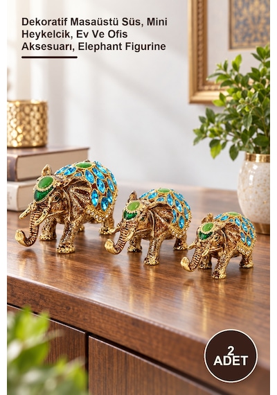 2 Adet Taşlı 3'lü Fil Figürü Dekoratif Masaüstü Süs, Mini Heykelcik, Ev Ve Ofis Aksesuarı, Elephant Figurine