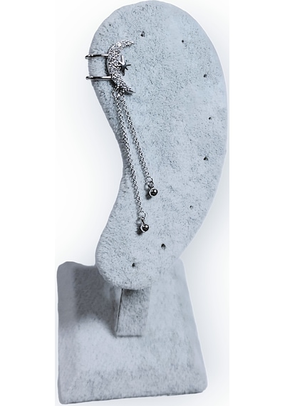 Earcuff Çelik Zirkon Taşlı Ayyıldızlı Zincir Sallantılı Gümüş Renk Kıkırdak Küpe