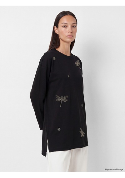 Lcw Everyday Siyah Boncuk İşlemeli Oversize Kadın Sweatshirt Tunik