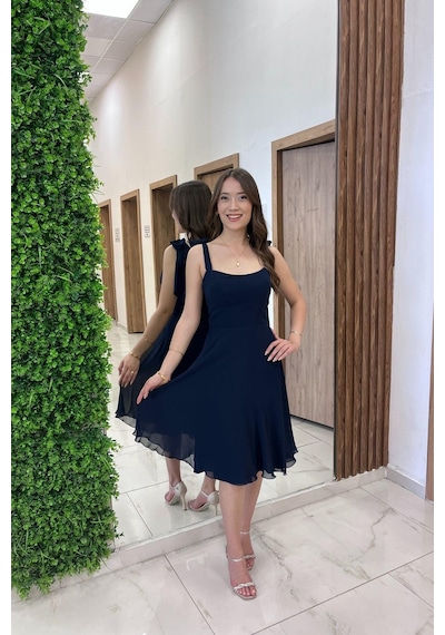 By Saygı Kadın Omuzu Bağcıklı Astarlı Kısa Elbise-41305 Lacivert