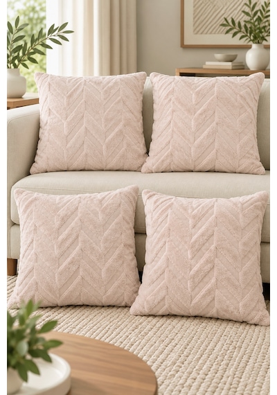 Peluş Dekoratif Kırlent Kılıfı İskandinav Zigzag-balıksırtı 4 Lü Set 42x42 Cm Vizon - Bej