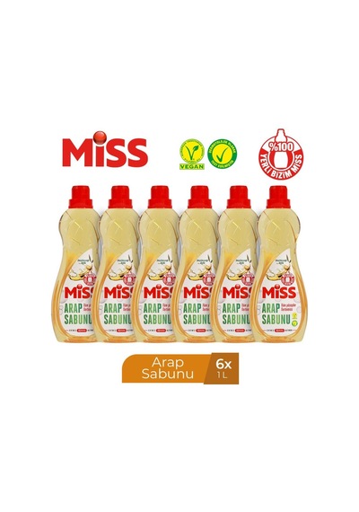 Miss Sıvı Arap Sabunu 1000 Ml X 6 Vegan Ve Dermatolojik Olarak Test Edilmiş Temizlik Ürünü 6'lı Set