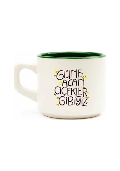 Güne Açan Çiçekler Gibiyiz Beyaz Venüs Kupa - Hediyelik Kupa Fincan Mug Açık Ahşap