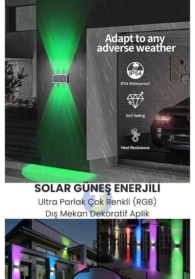 Technojet Solar Güneş Enerjili 6 Ledli Bahçe Aydınlatması Aplik Parlak Rgb Işık Led Lamba 2 Adet Siyah