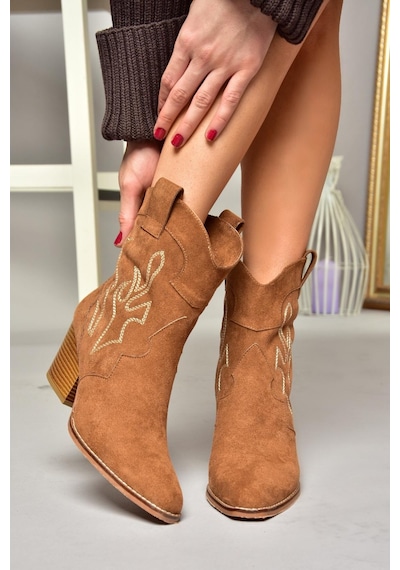 Fox Shoes T296112002 Taba Süet Kalın Topuklu Kadın Bot Taba-Süet Taba
