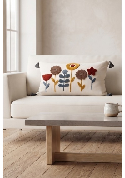 Çiçek Bahçesi Renkli Botanik Punch Nakışlı Püsküllü Pamuk Kırlent Kılıfı 35x55 Cm Gri