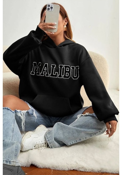 Medinenur Unisex Malibu Baskılı Sweatshirt siyah