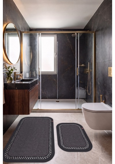 Banyo Paspası Takımı 70x110+50x70 Cm İç Trikot Antrasit Gri & Siyah