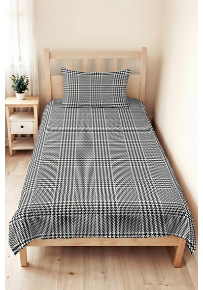 Siyah Ekose Genç Odası Tek Kişilik Pike Takımı - Geometrik Modern 160x220 Cm Kapitone Yatak Örtüsü Ilık Kum Parıltısı
