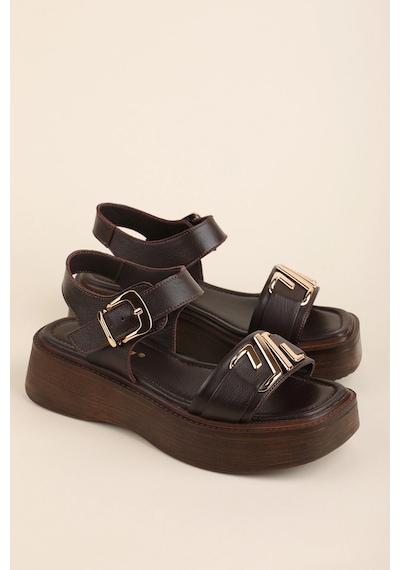 Gondol Hakiki Deri Platform Taban Sandalet Pkr.2401 Kahverengi