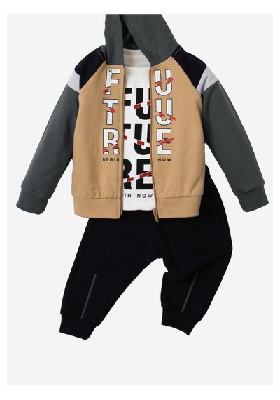 Future Baskılı Kapüşonlu Pamuk Bebek Takım 3 Lü Takım Hırka Sweatshirt Alt Bej