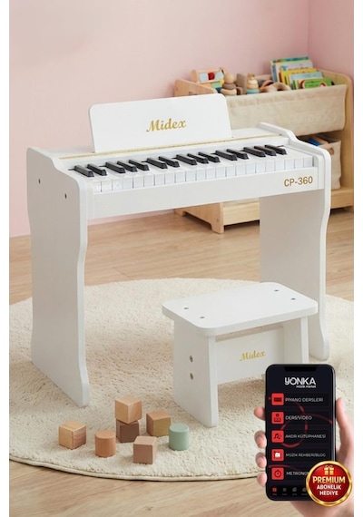 Midex Cp-360wh Ahşap Çocuk Piyanosu Pilli 37 Tuşlu Gerçek Piyano Tuşları