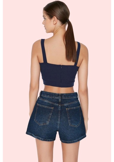 Ersefa Kadın Pamuk Denim Mini Şort Düz Desen Yüksek Bel Günlük Kullanım Koyu Mavi