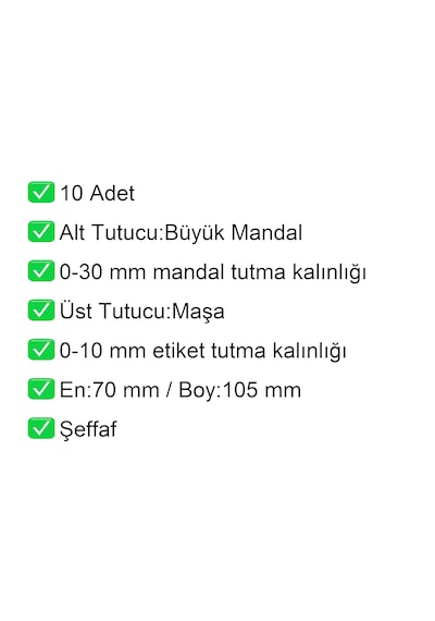 Etiket Tutucu / Maşalı / Büyük Mandal / Şeffaf / 70x105 Mm / 1 Paket:10 Adet
